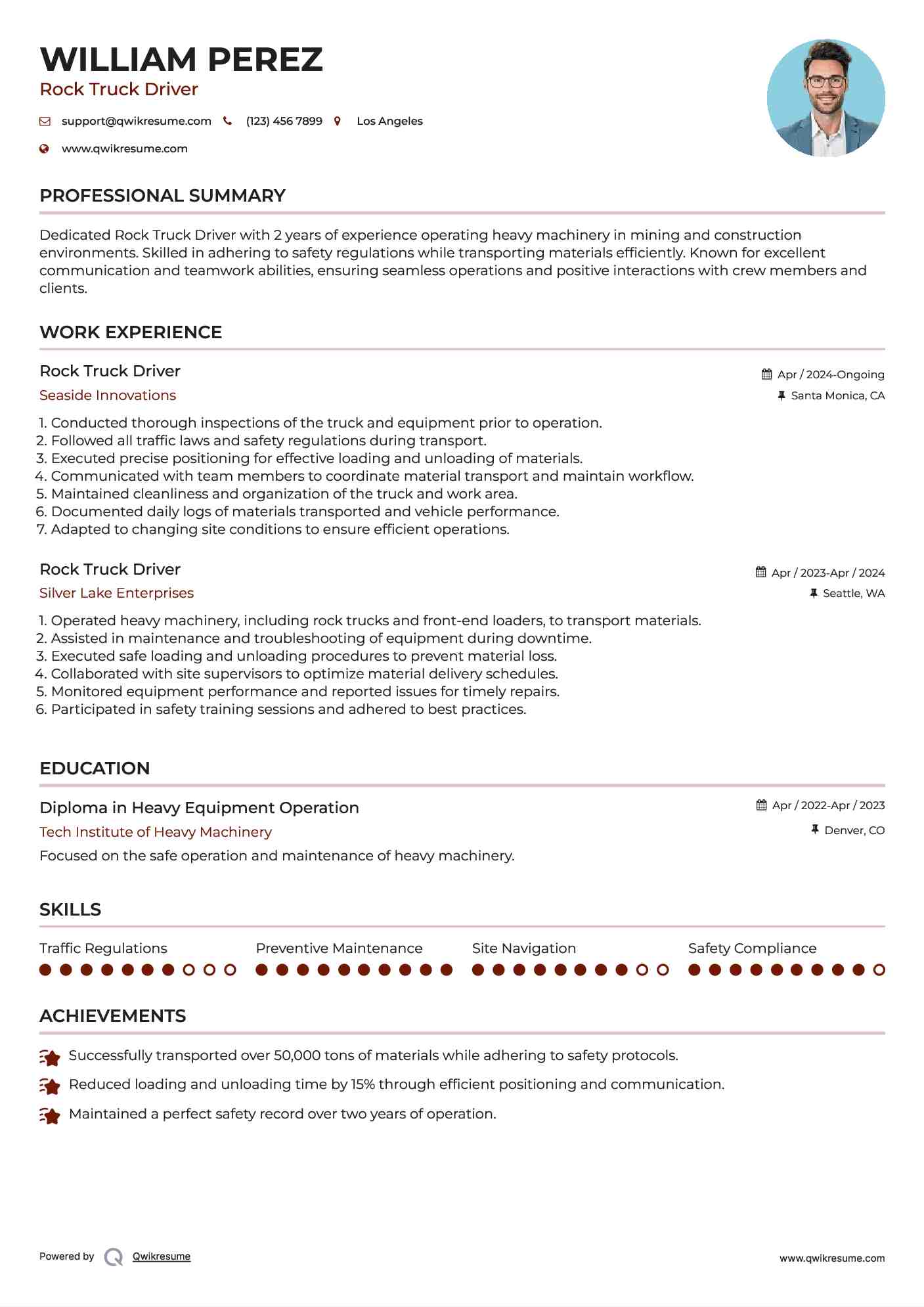 Rock Truck Driver Resume Sample