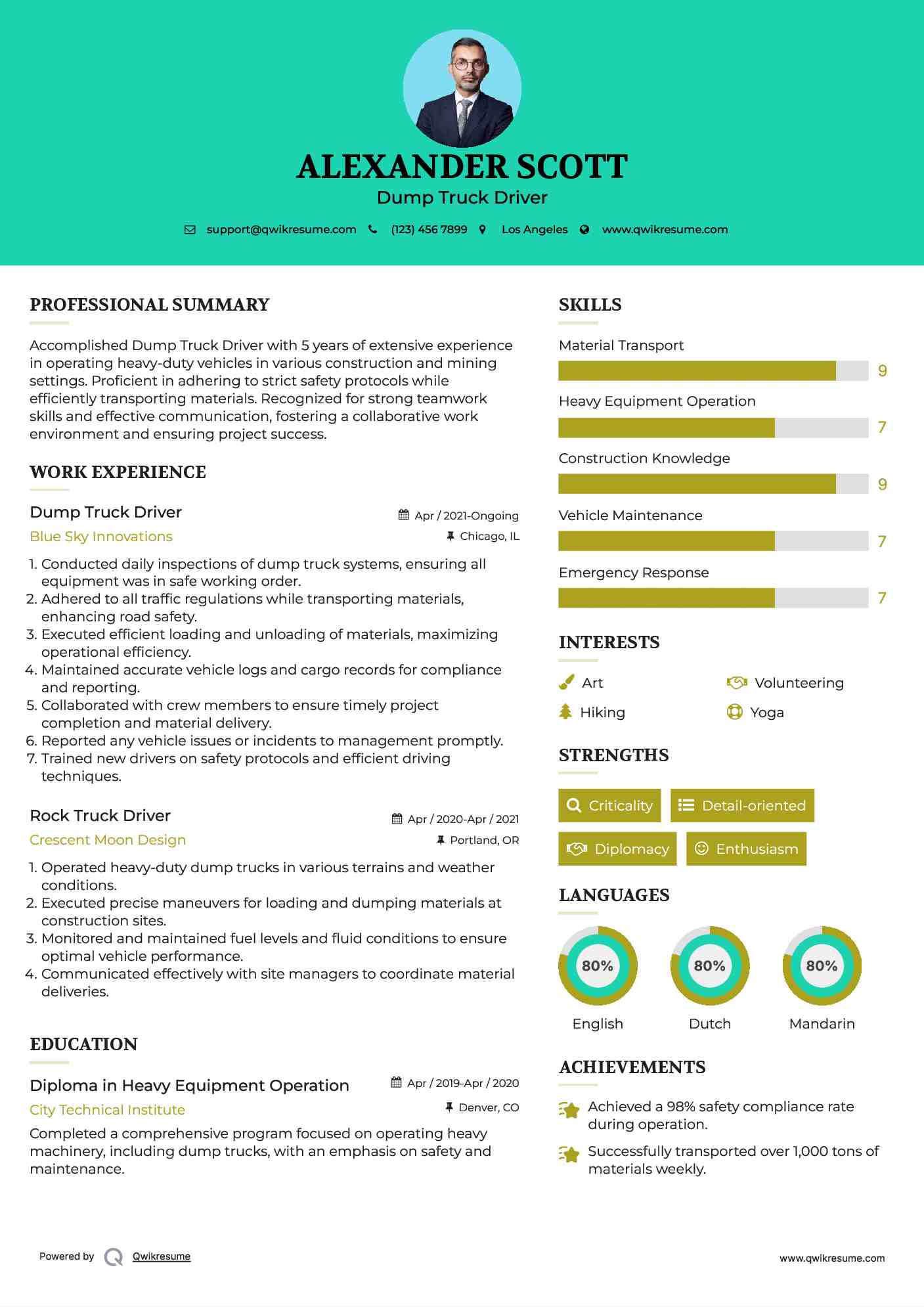 Dump Truck Driver Resume Sample