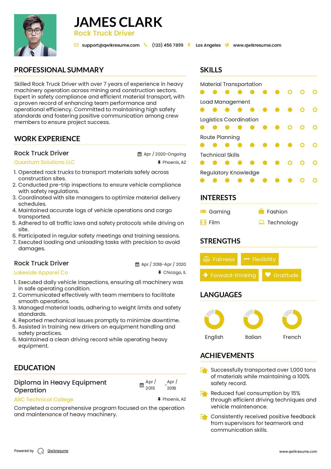 Rock Truck Driver Resume Template