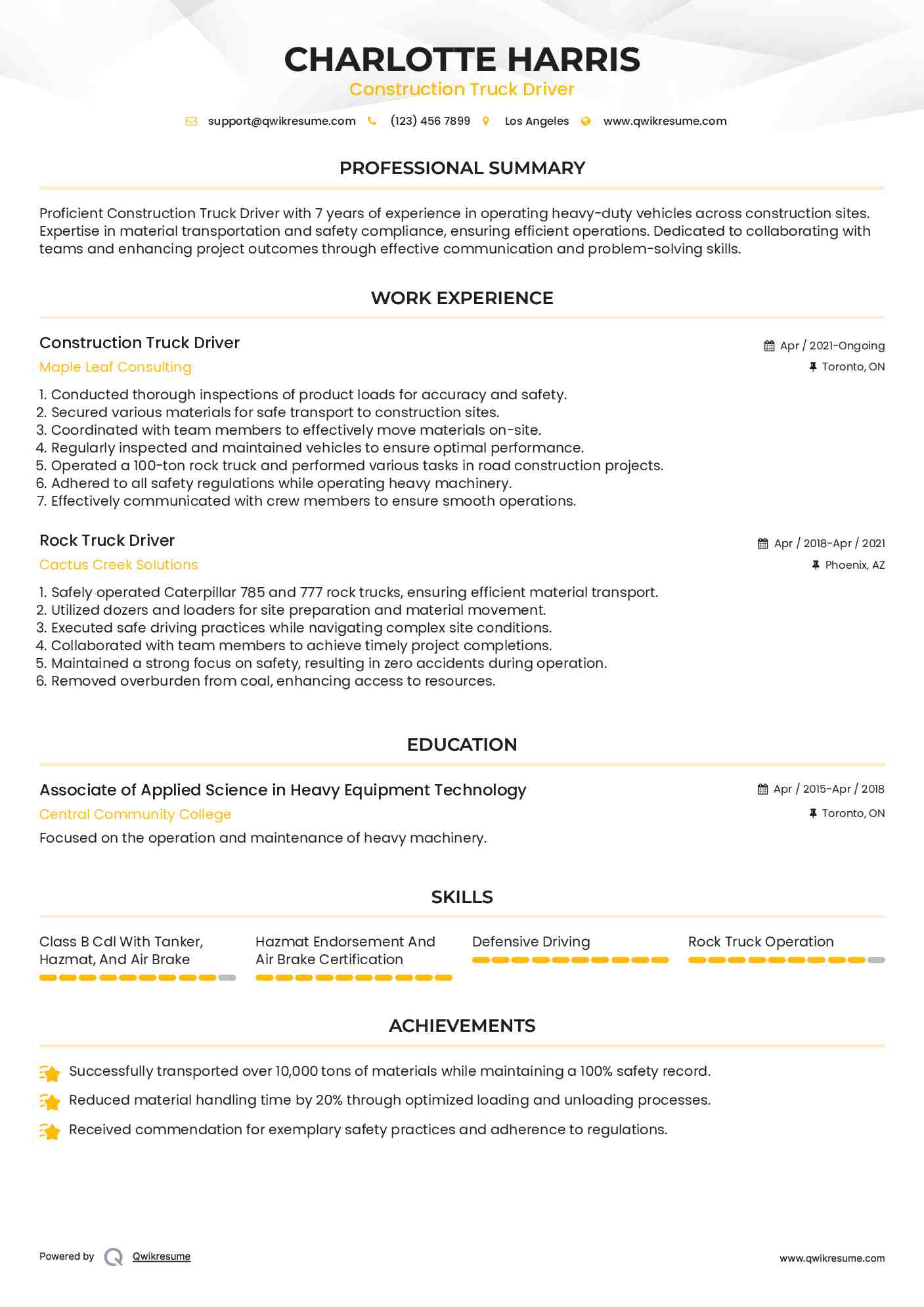 Construction Truck Driver Resume Model
