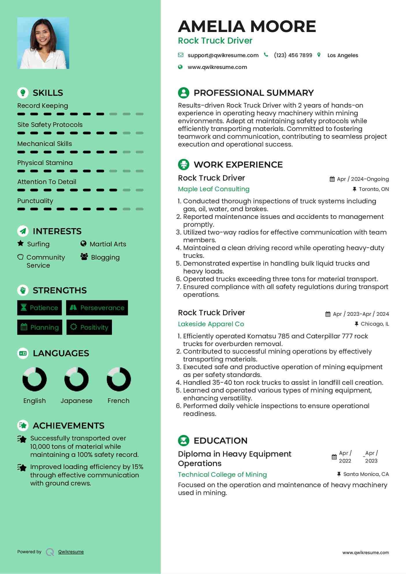 Rock Truck Driver Resume Format