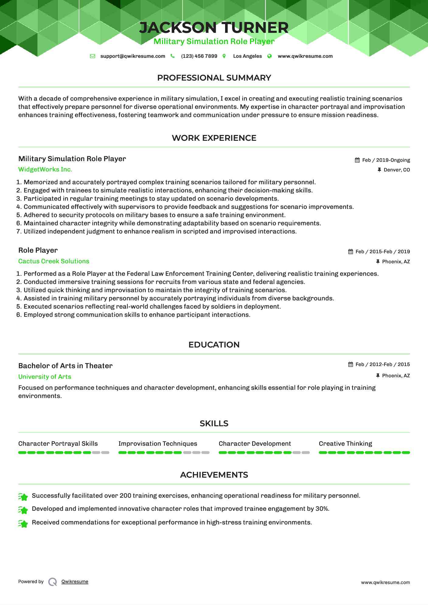 Military Simulation Role Player Resume Example