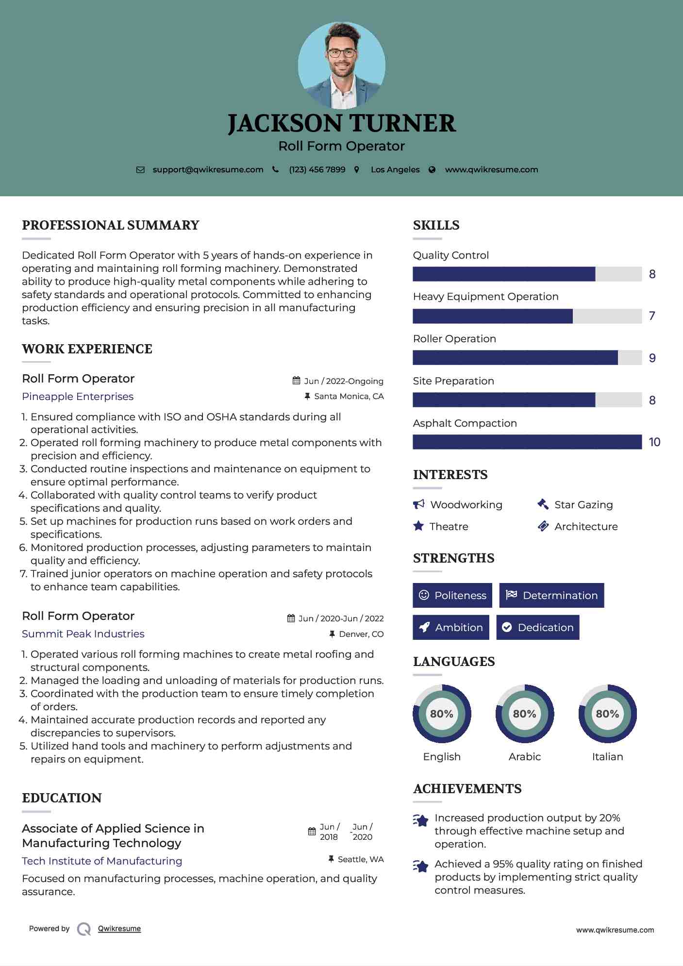 Roll Form Operator Resume Sample