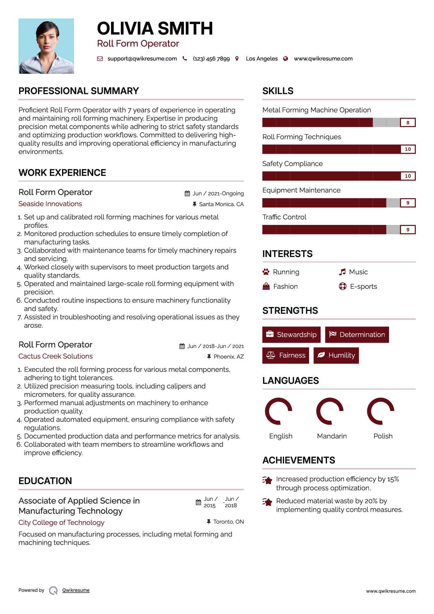 Roll Form Operator Resume Example