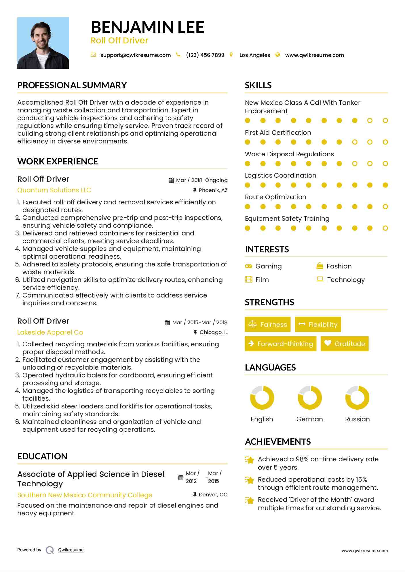 Roll Off Driver Resume Example