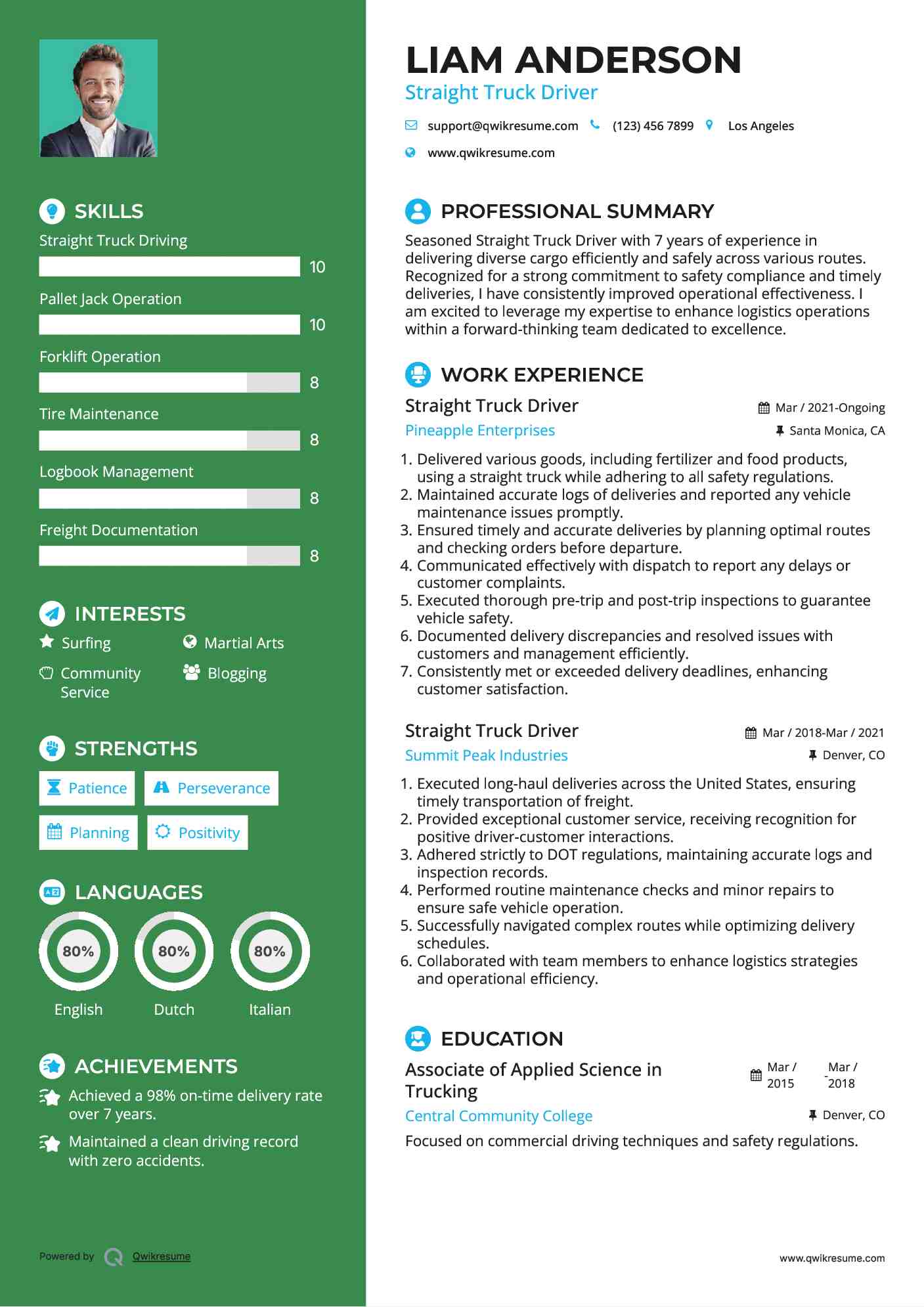 Straight Truck Driver Resume Example