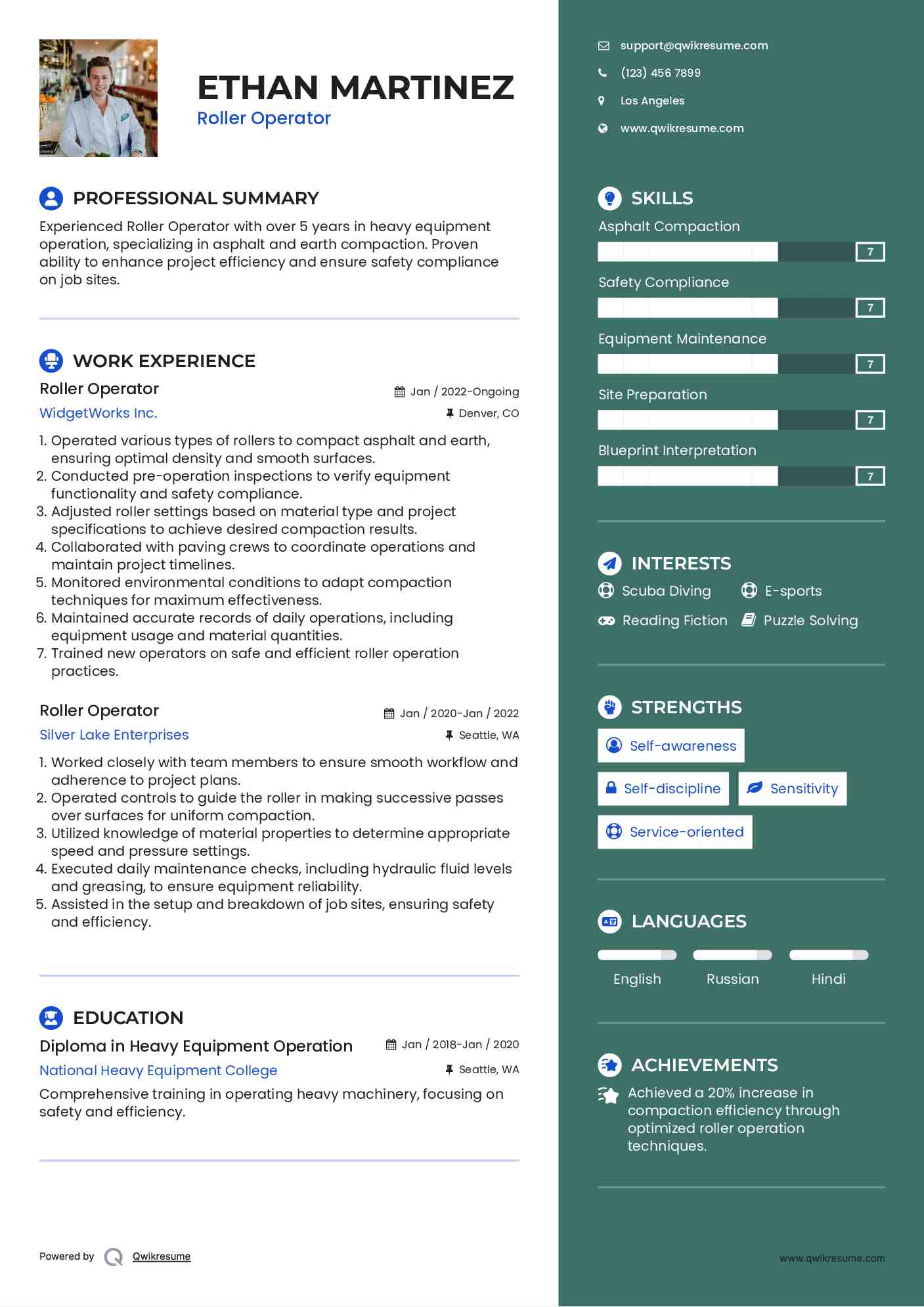 Roller Operator Resume Format