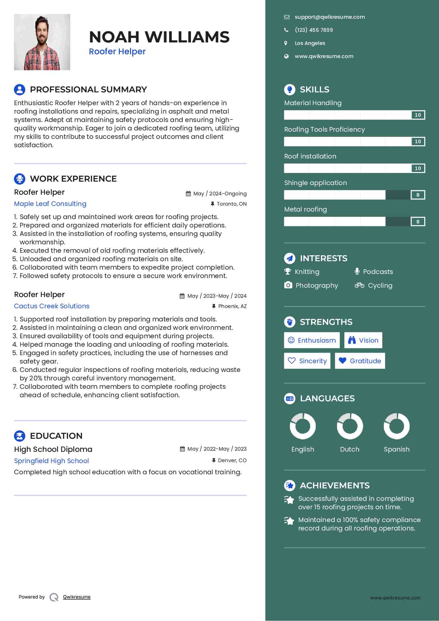 Roofer Helper Resume Sample