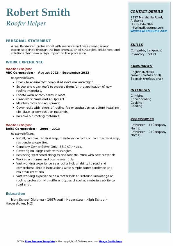 Roofer Helper Resume Samples - Roofer Helper 1615130258 Pdf 