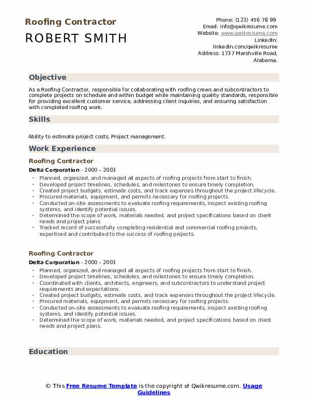 Roofing Contractor Resume Samples QwikResume