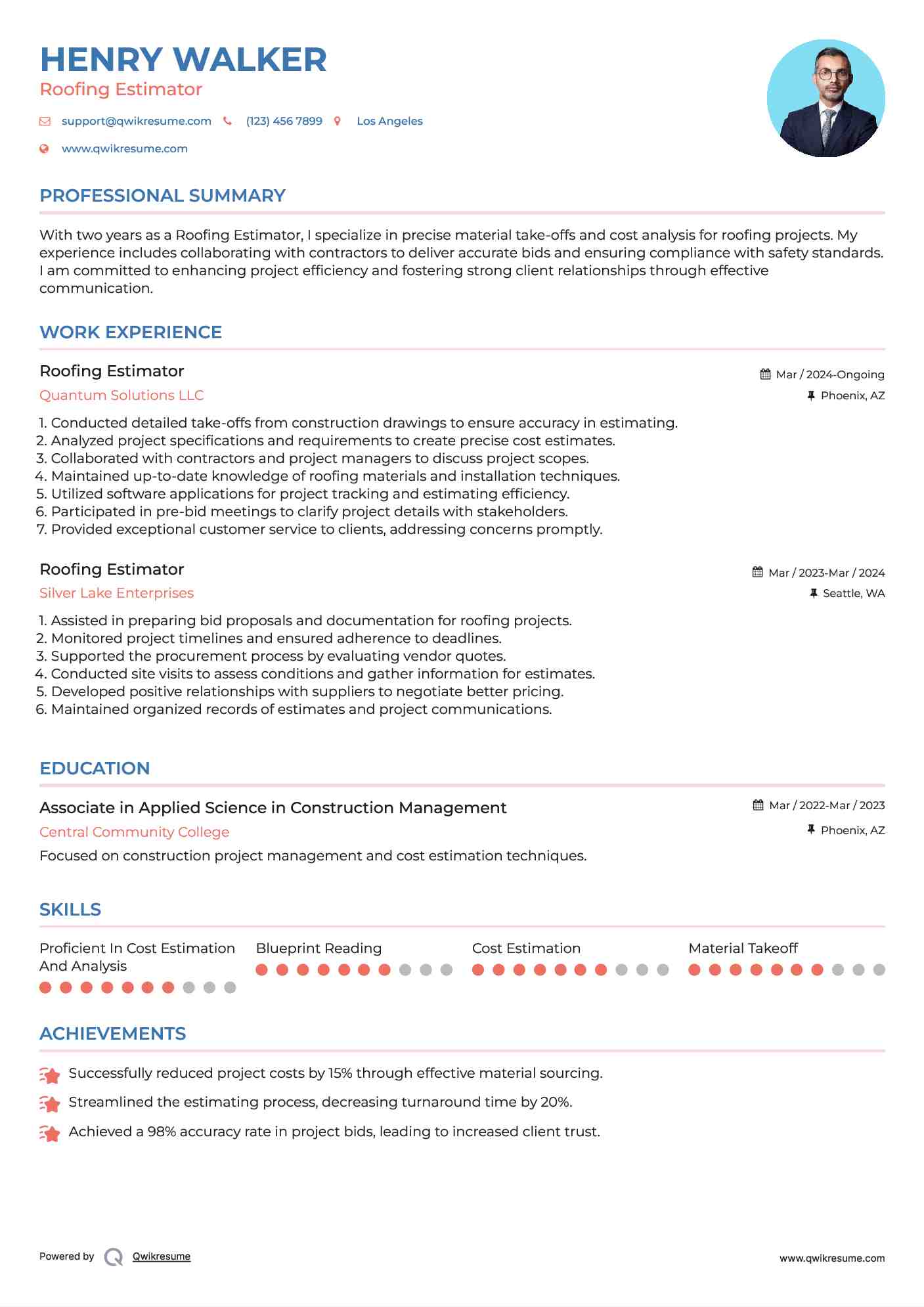 Roofing Estimator Resume Example