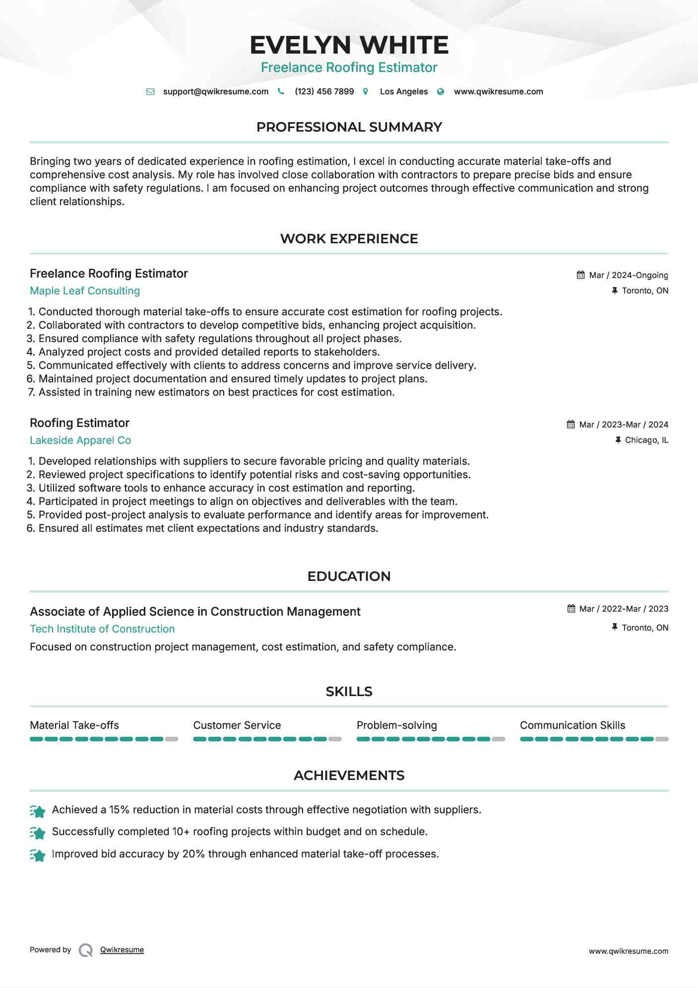 Freelance Roofing Estimator Resume Template