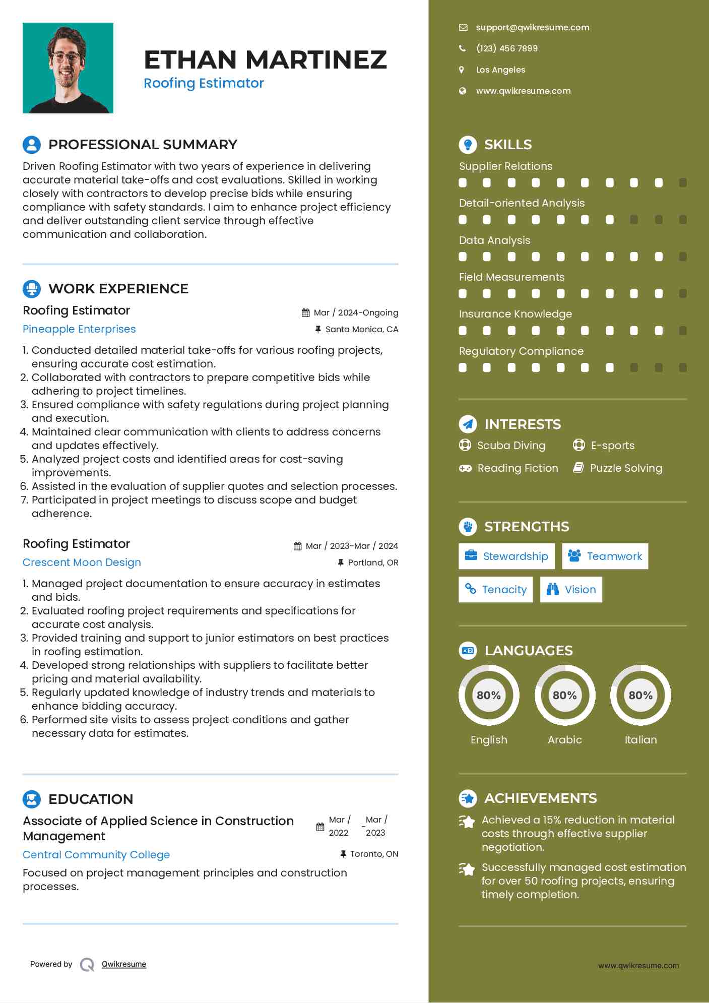 Roofing Estimator Resume Model