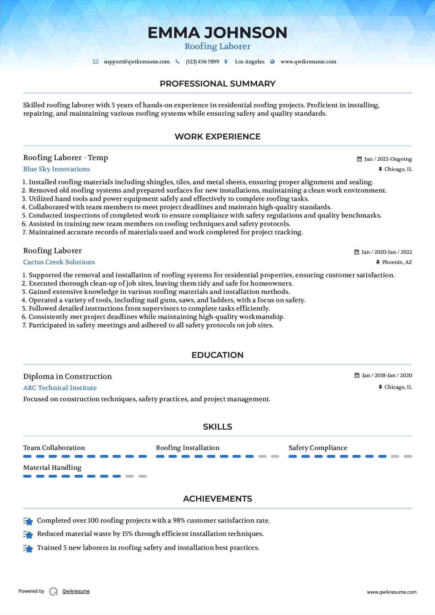 Roofing Laborer - Temp Resume Sample
