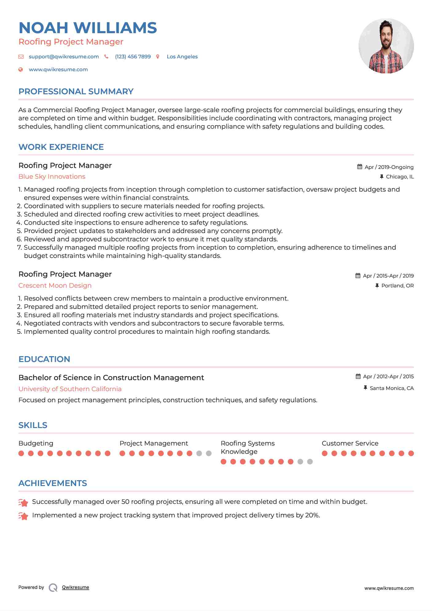 Roofing Project Manager Resume Format
