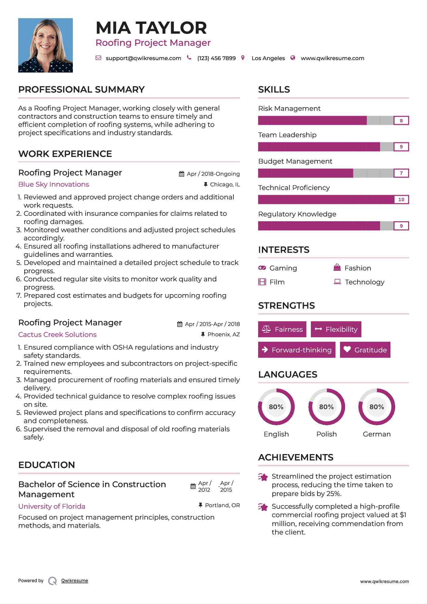 Roofing Project Manager Resume Example