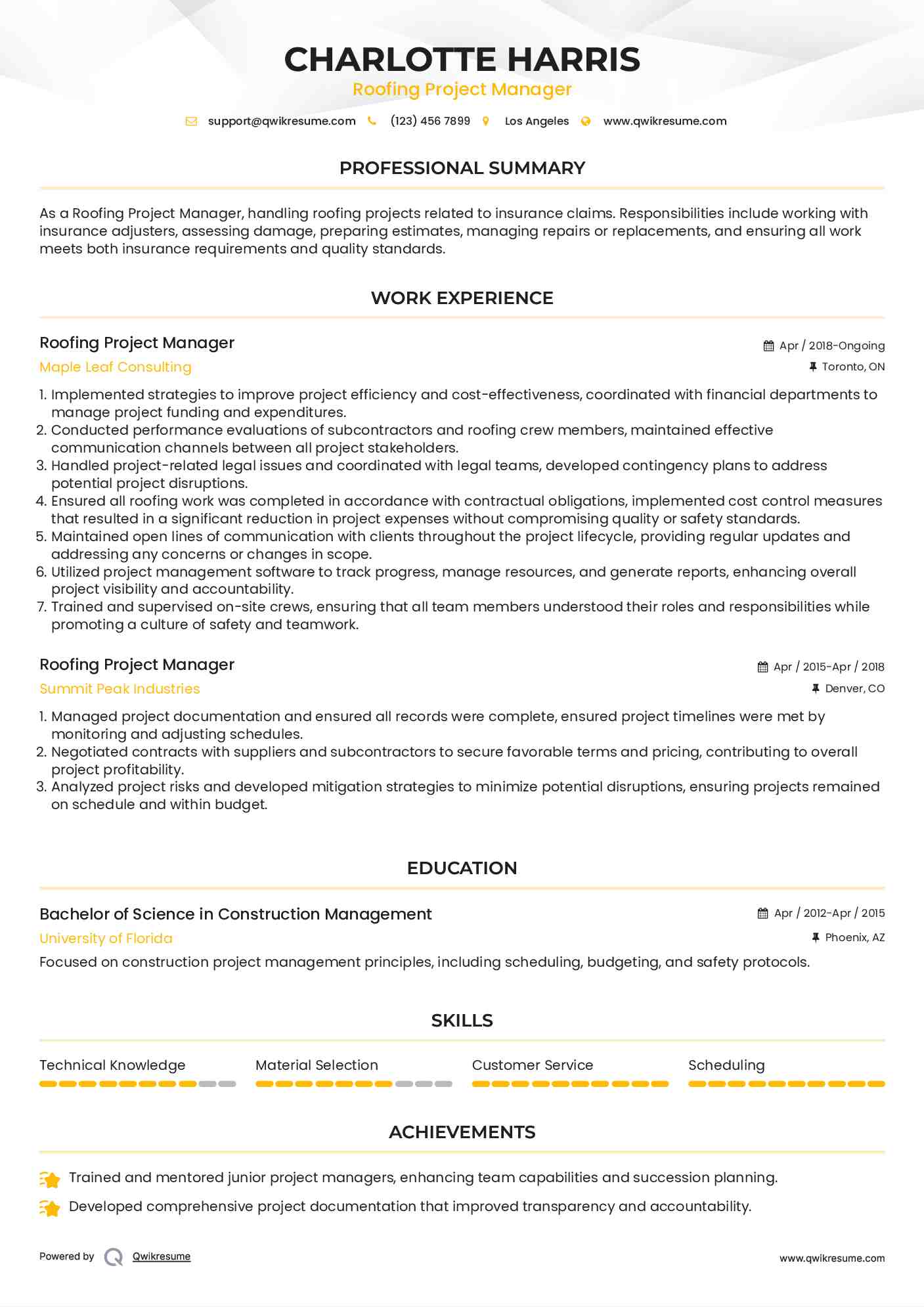 Roofing Project Manager Resume Model