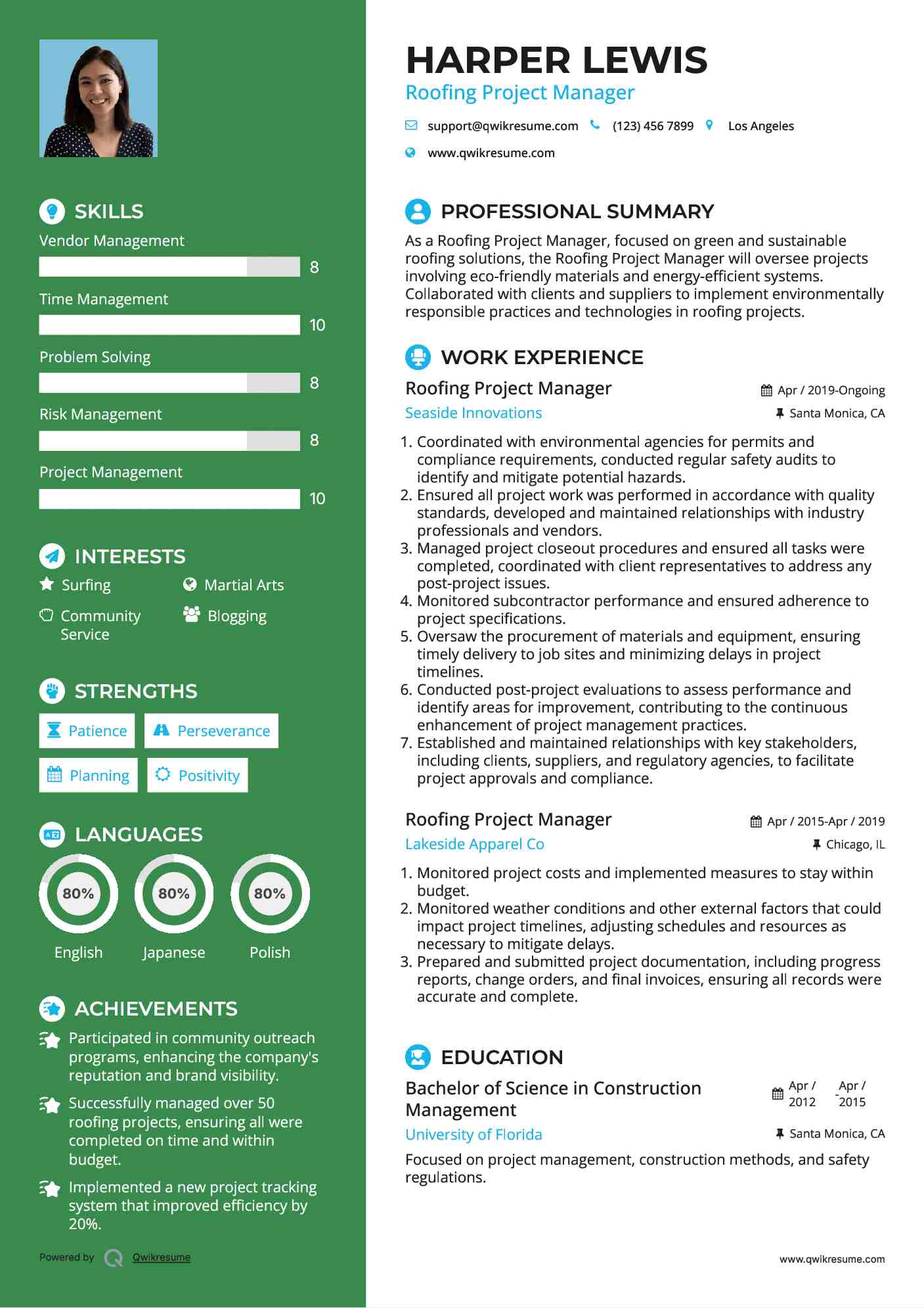 Roofing Project Manager Resume Sample