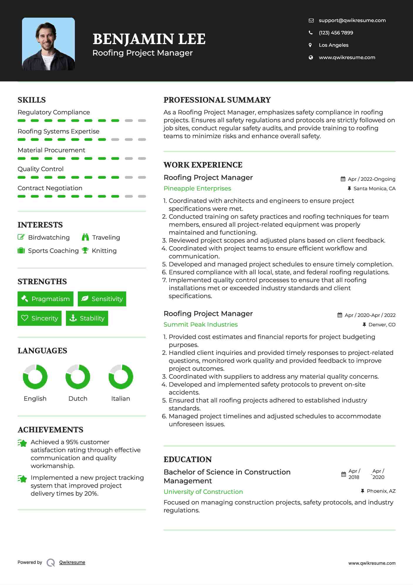 Roofing Project Manager Resume Example