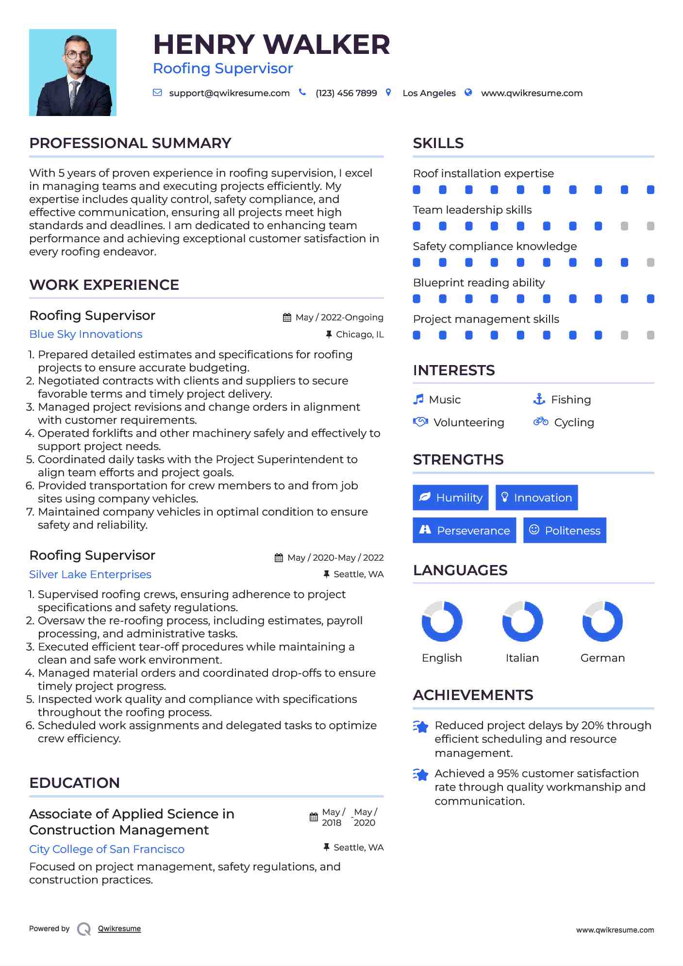 Roofing Supervisor Resume Example