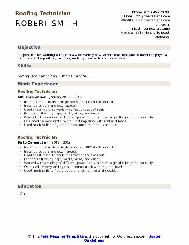 Roofing Technician Resume Samples QwikResume