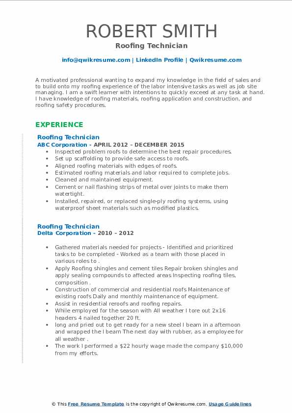 Roofing Technician Resume Samples QwikResume