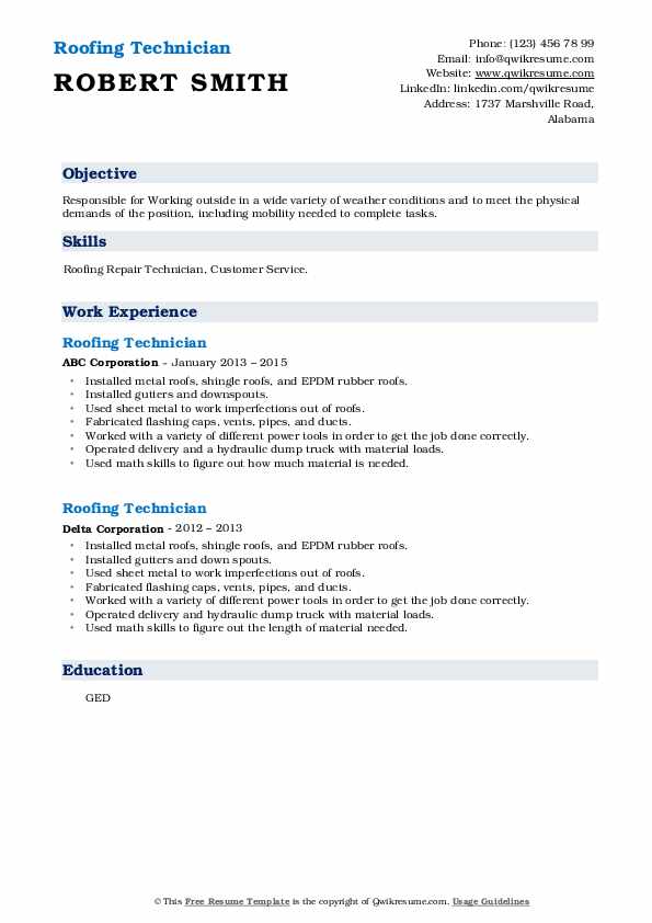 Roofing Technician Resume Samples QwikResume