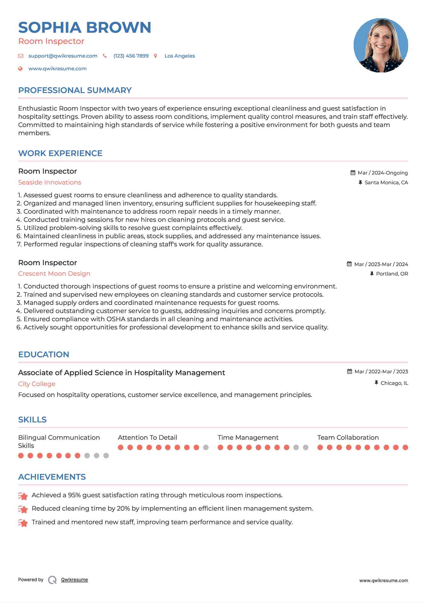 Room Inspector Resume Example