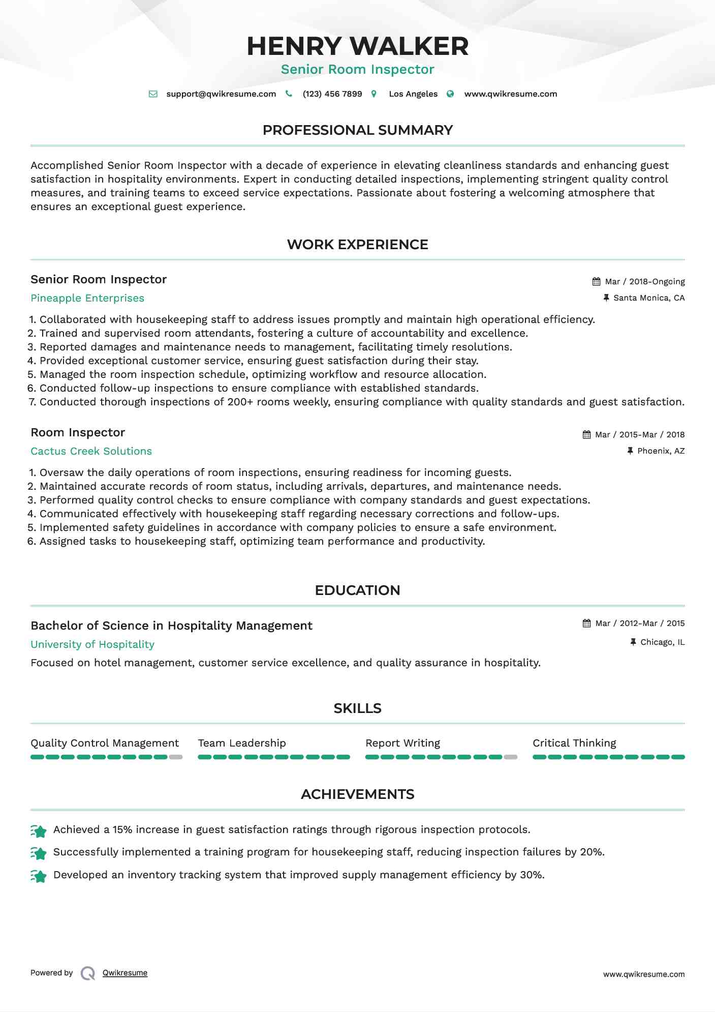 Senior Room Inspector Resume Sample