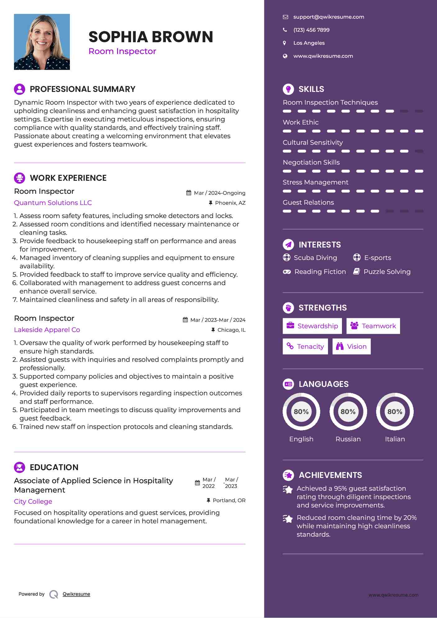 Room Inspector Resume Sample