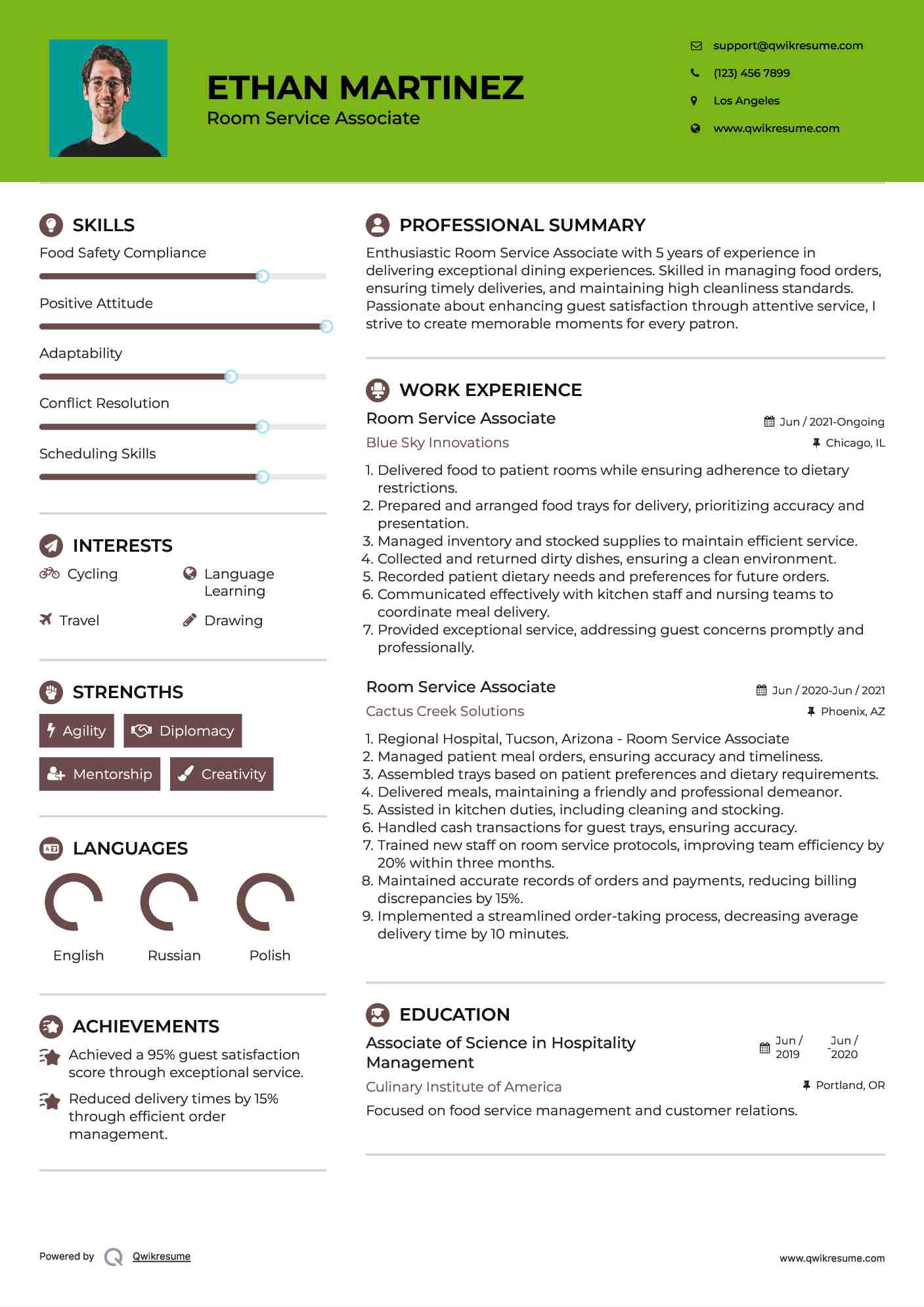 Room Service Associate Resume Sample