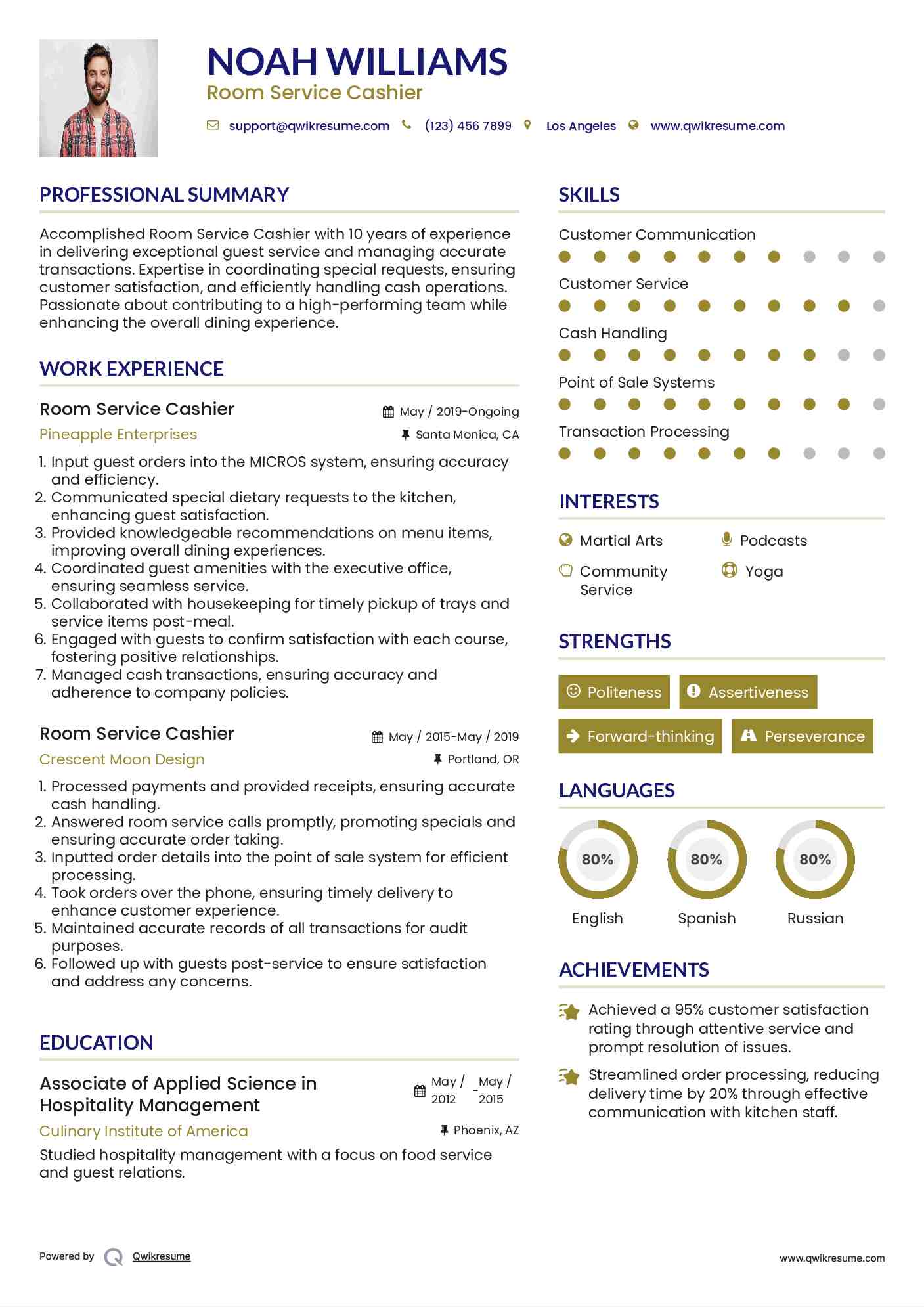 Room Service Cashier Resume Example