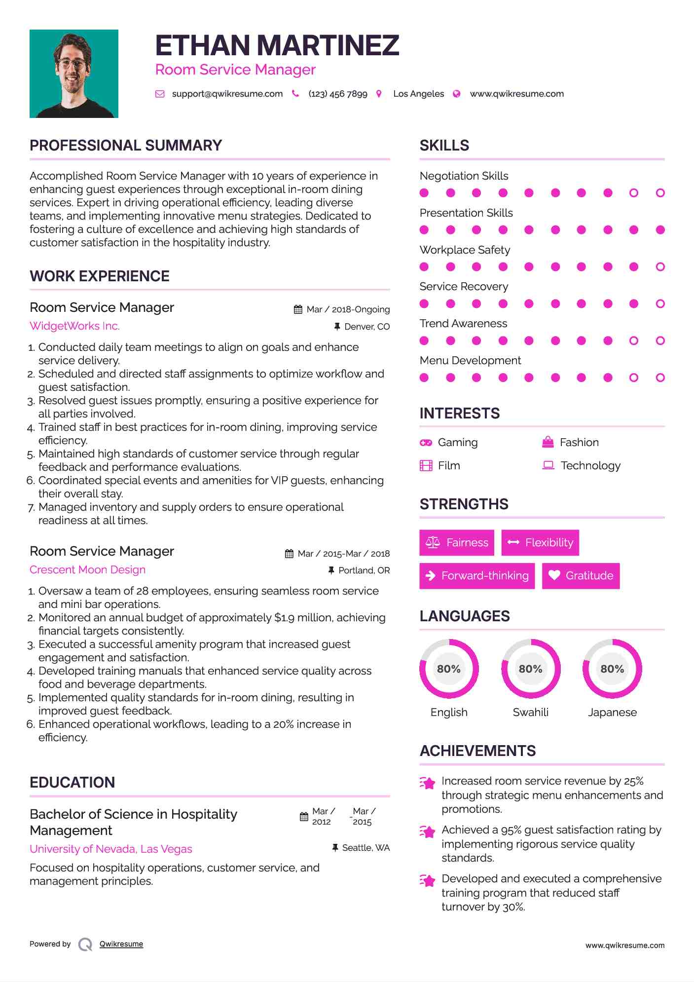 Room Service Manager Resume Template