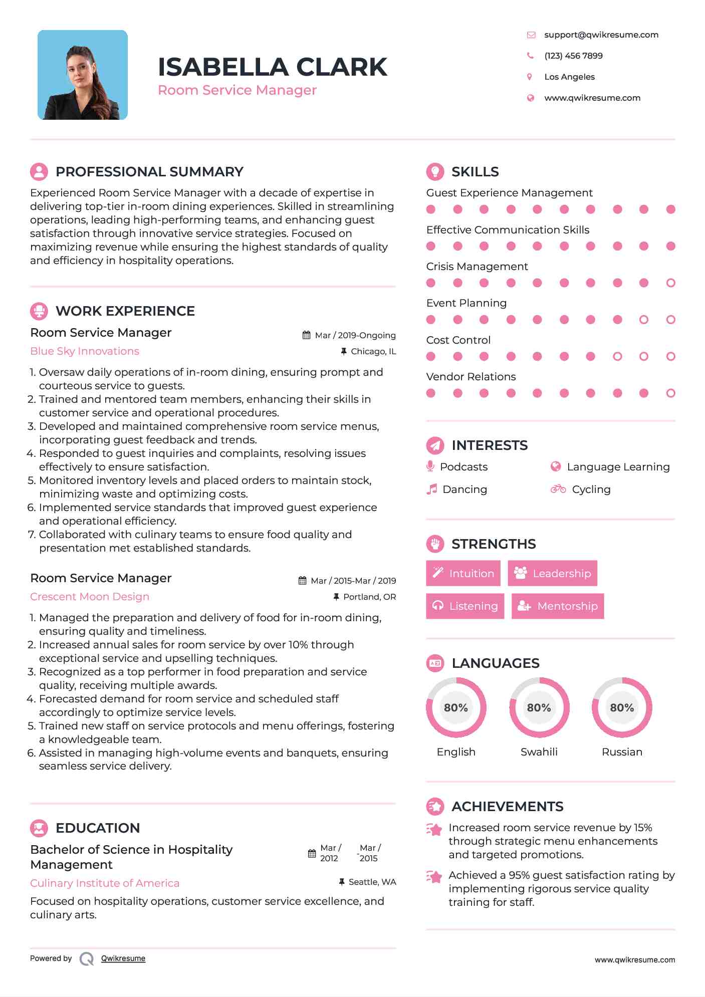 Room Service Manager Resume Example