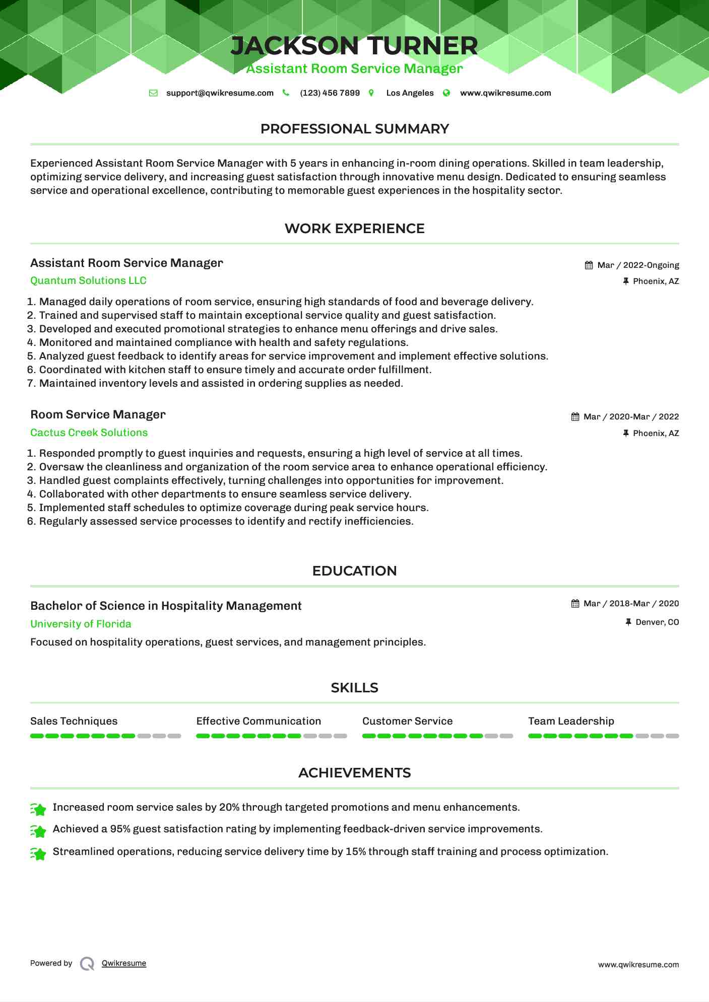 Assistant Room Service Manager Resume Format