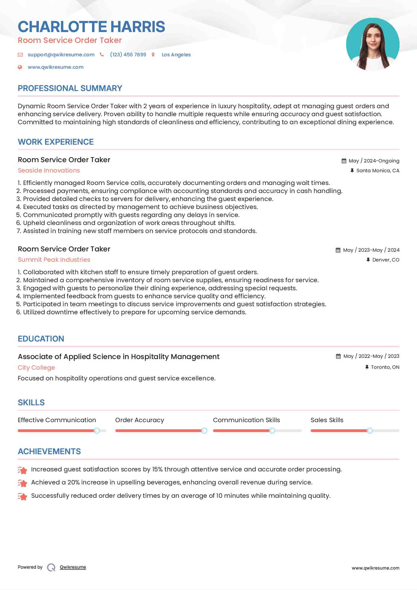 Room Service Order Taker Resume Model