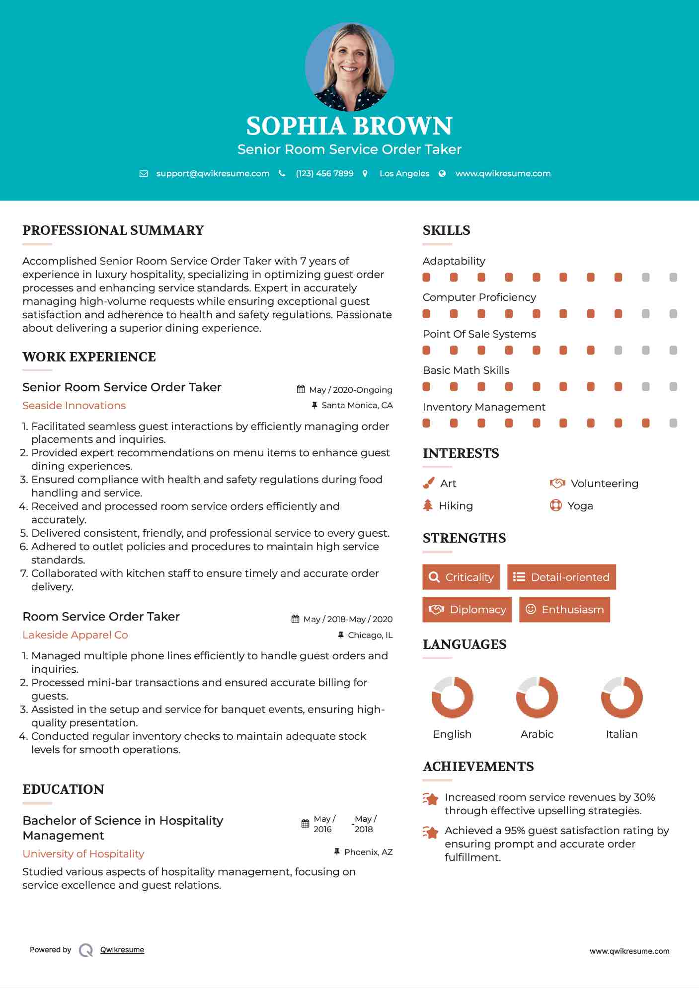 Senior Room Service Order Taker Resume Template