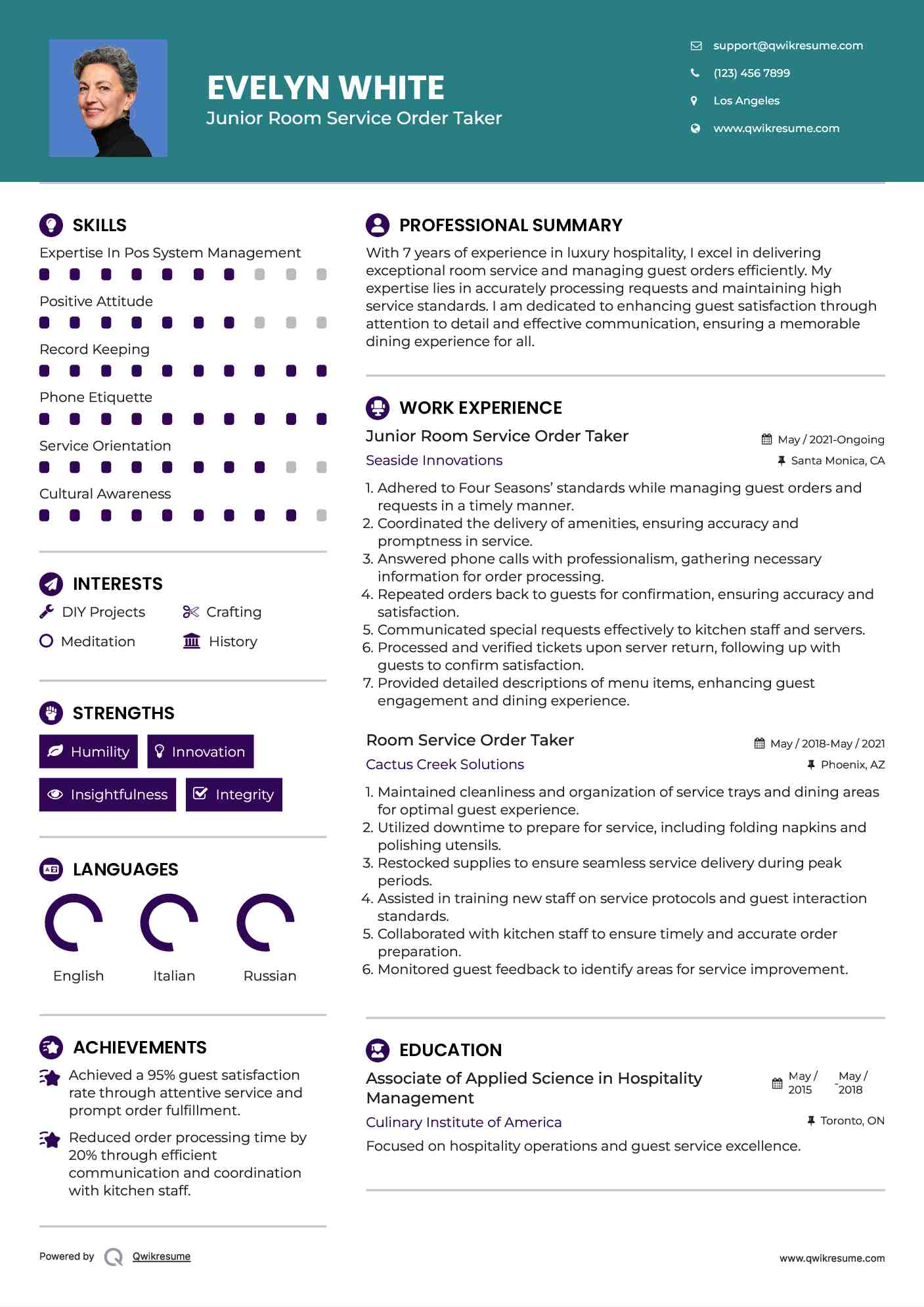 Junior Room Service Order Taker Resume Template