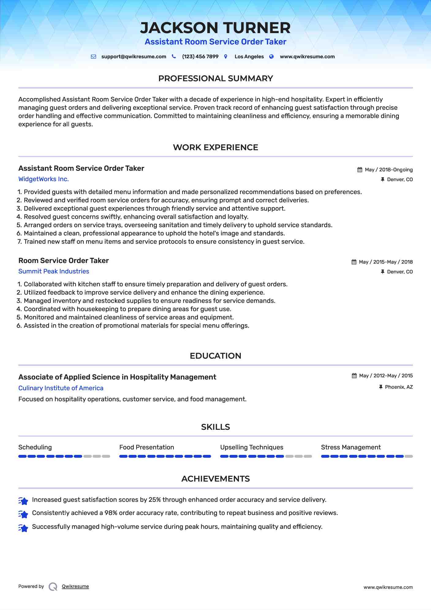 Assistant Room Service Order Taker Resume Template