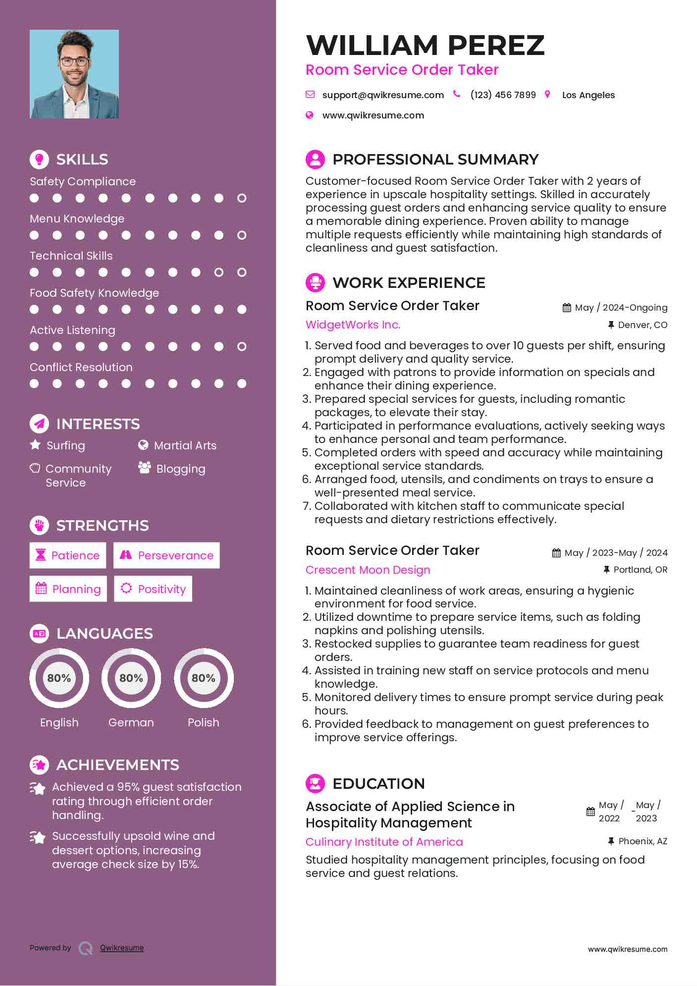 Room Service Order Taker Resume Format