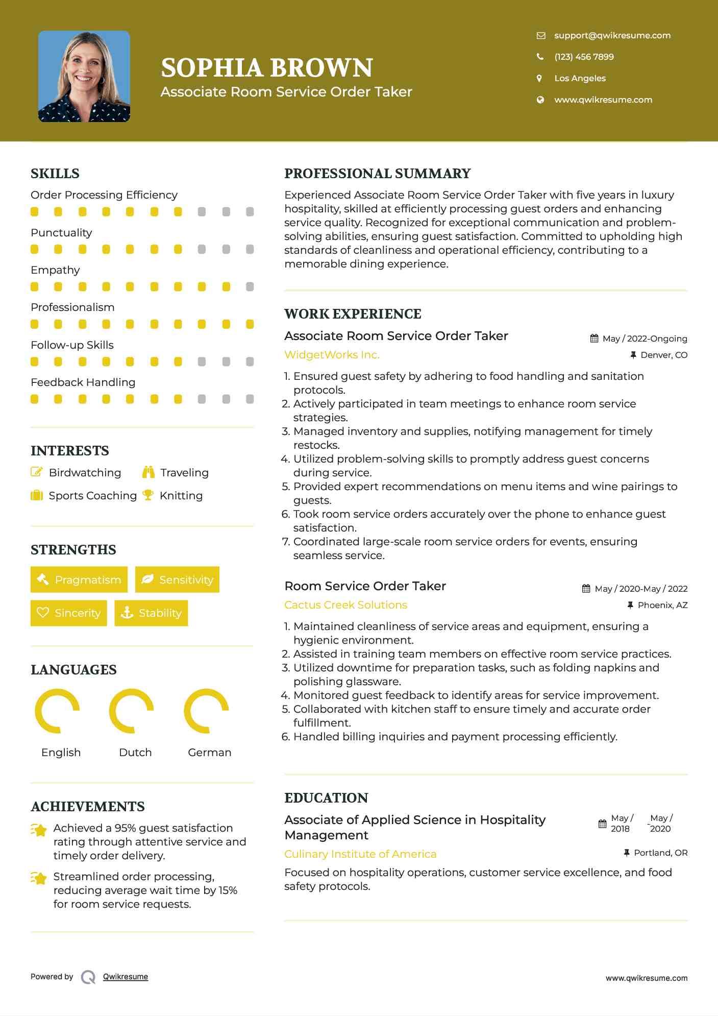 Associate Room Service Order Taker Resume Sample