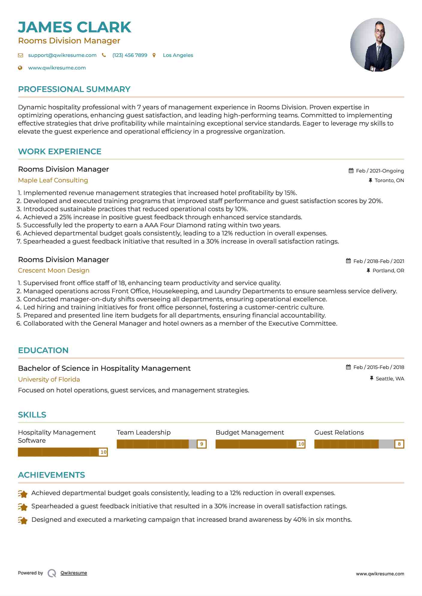 Rooms Division Manager Resume Template
