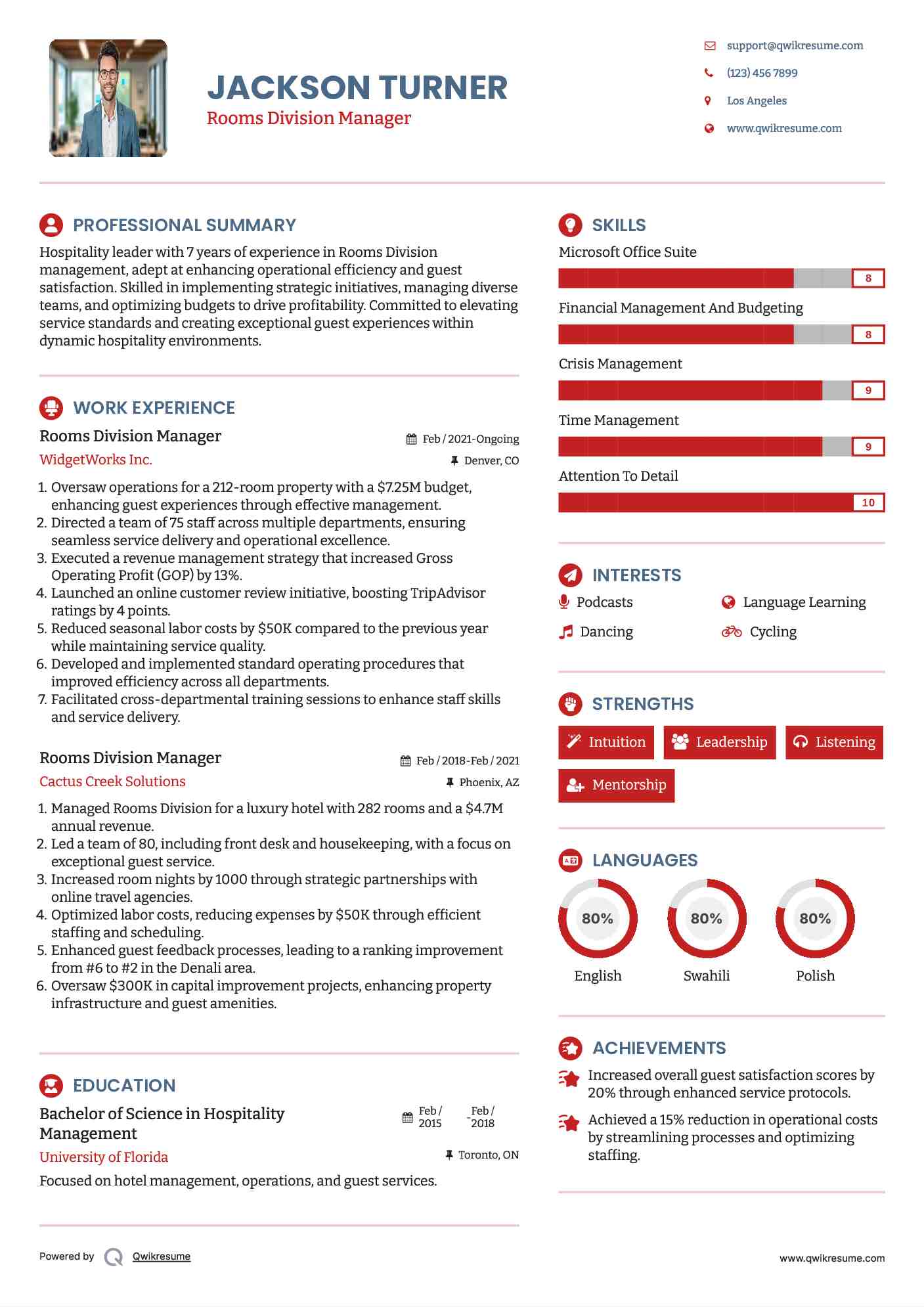 Rooms Division Manager Resume Example