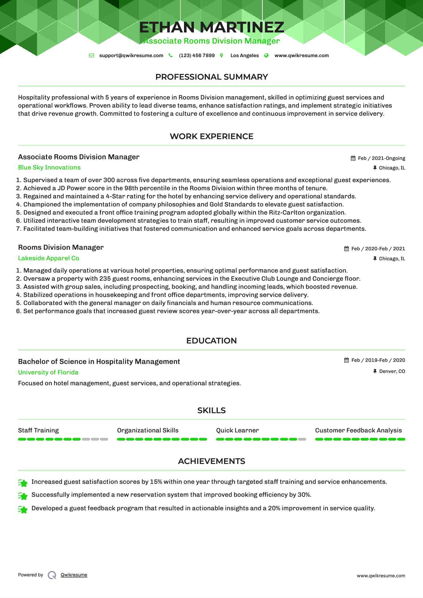 Associate Rooms Division Manager Resume Template