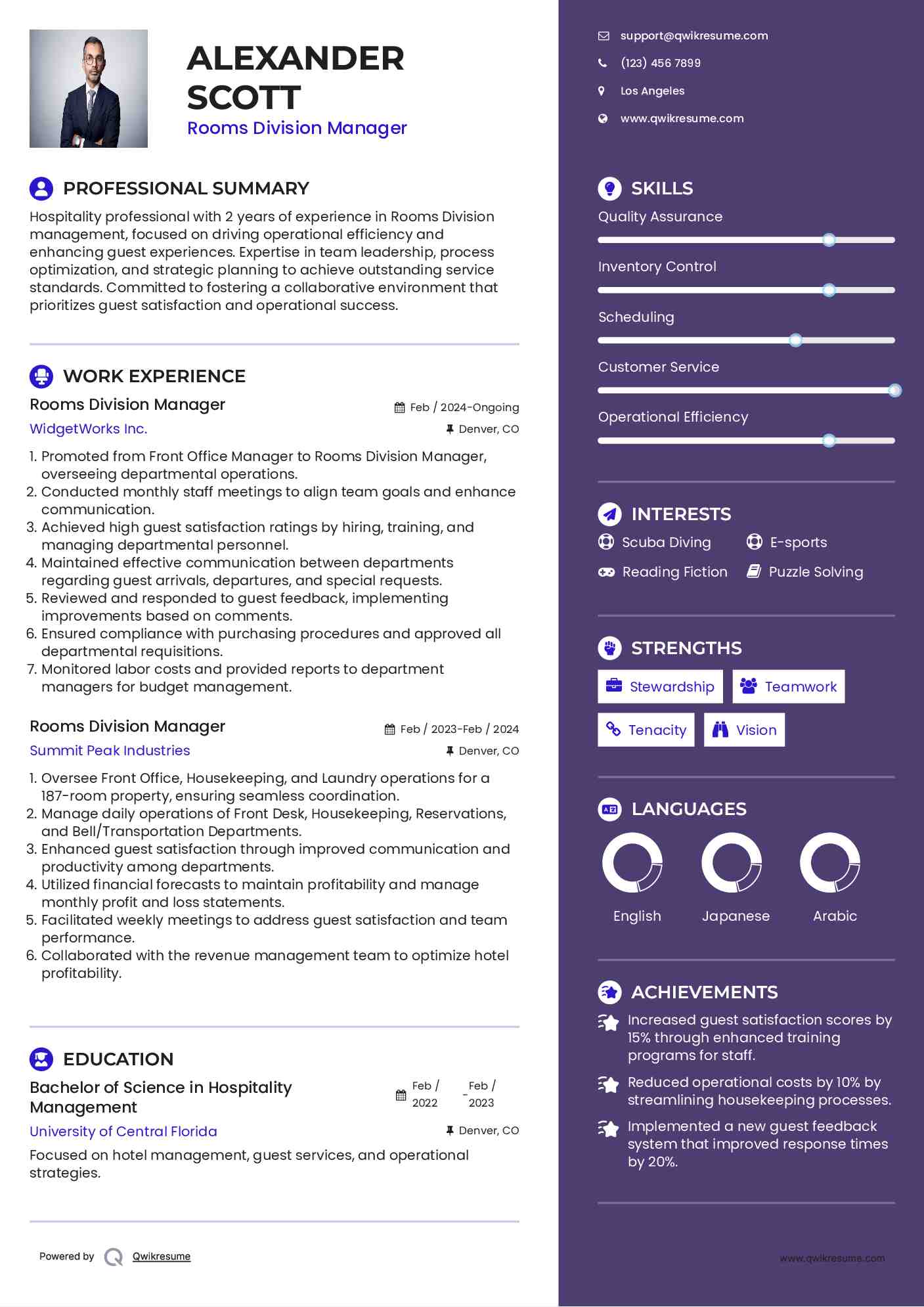 Rooms Division Manager Resume Sample