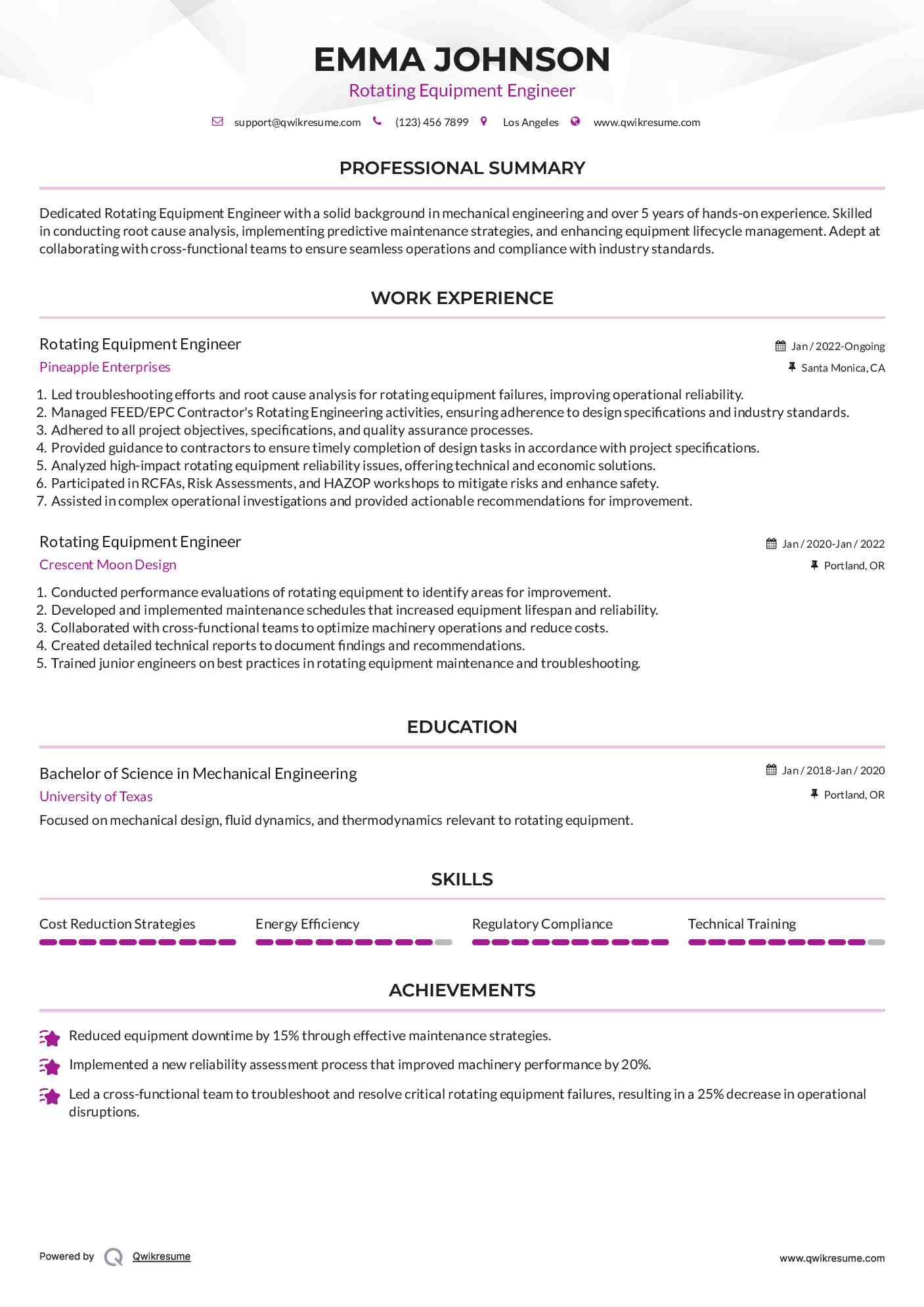 Rotating Equipment Engineer Resume Sample