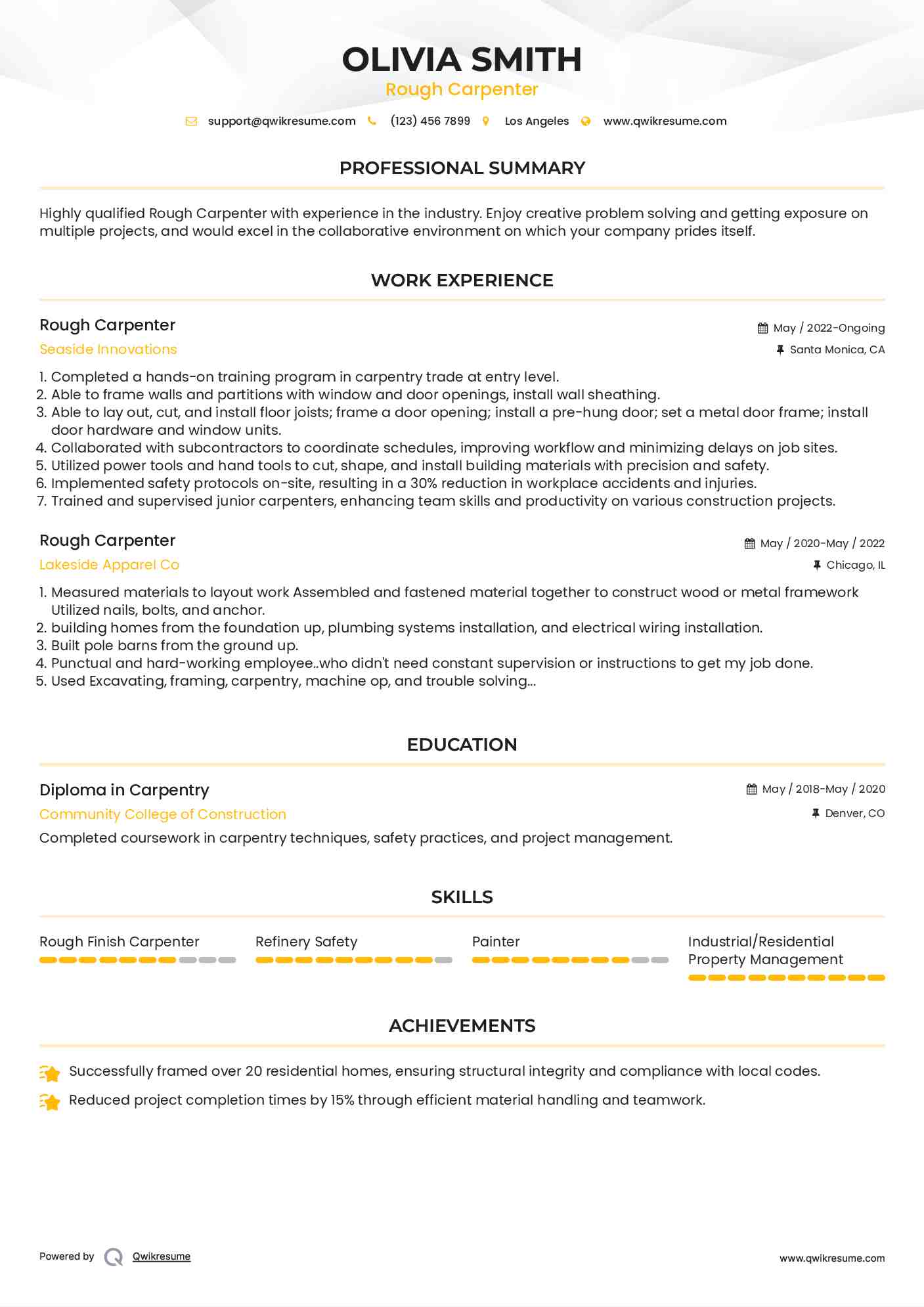 Rough Carpenter Resume Model