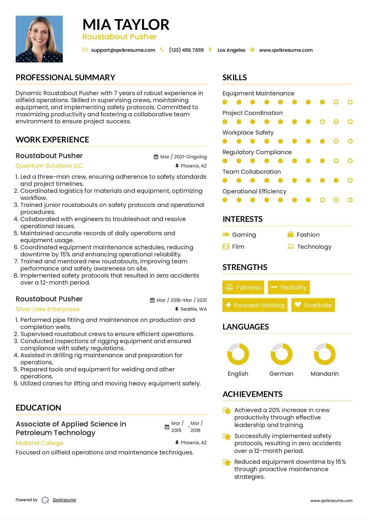 Roustabout Pusher Resume Model