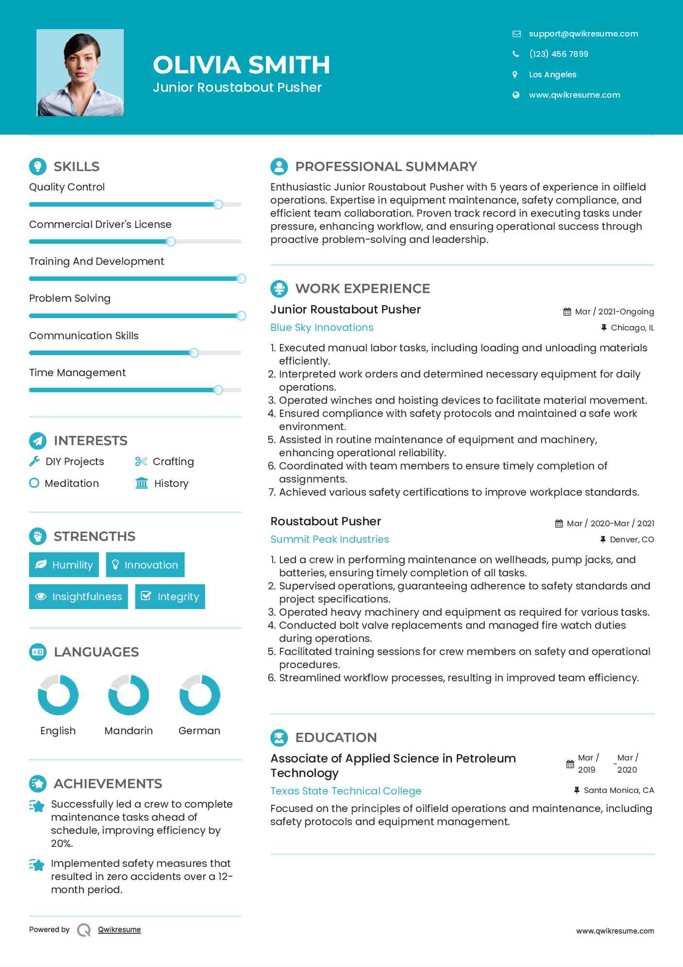 Junior Roustabout Pusher Resume Format