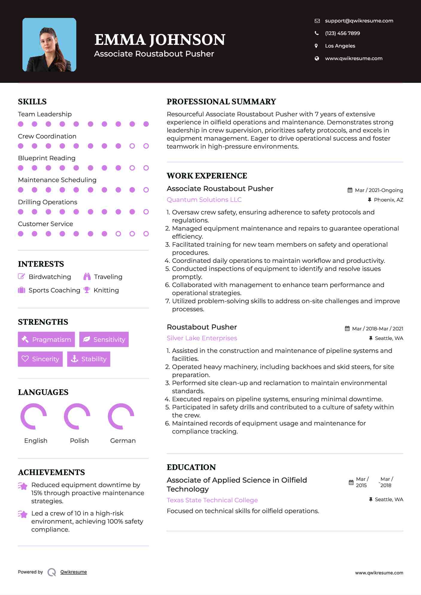 Associate Roustabout Pusher Resume Example